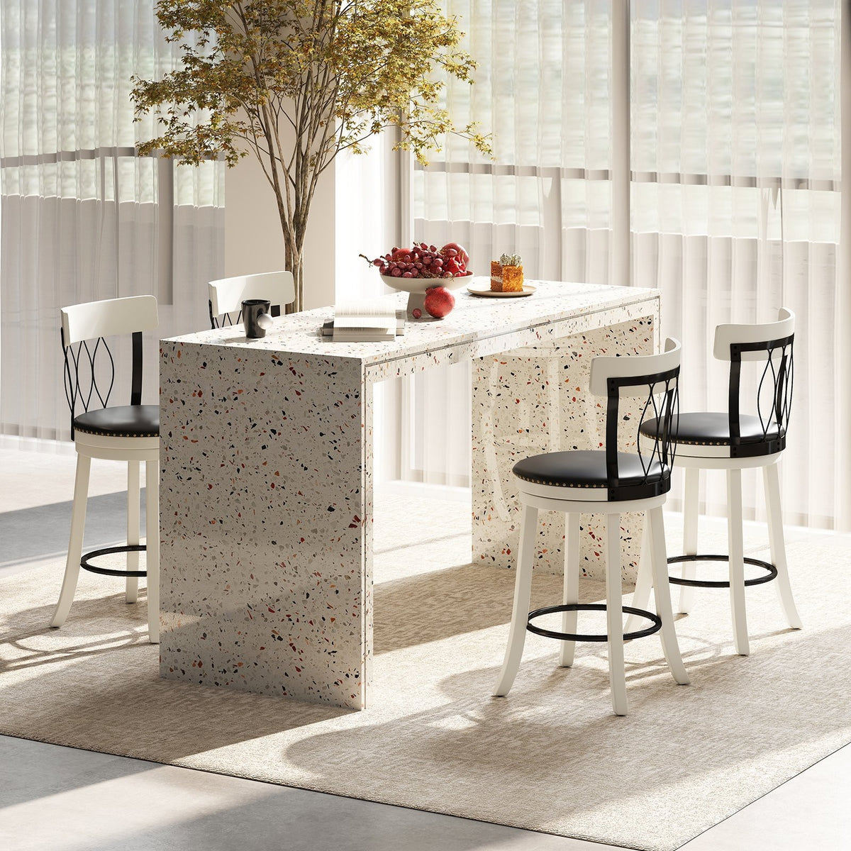 Set of 2 Bar Stools Swivel Bar Chairs with Footrest Rubber Wood Frame and Tufted Rivets-26 inches view 3