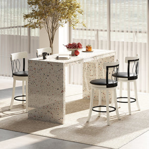 Set of 2 Bar Stools Swivel Bar Chairs with Footrest Rubber Wood Frame and Tufted Rivets-26 inches view 3