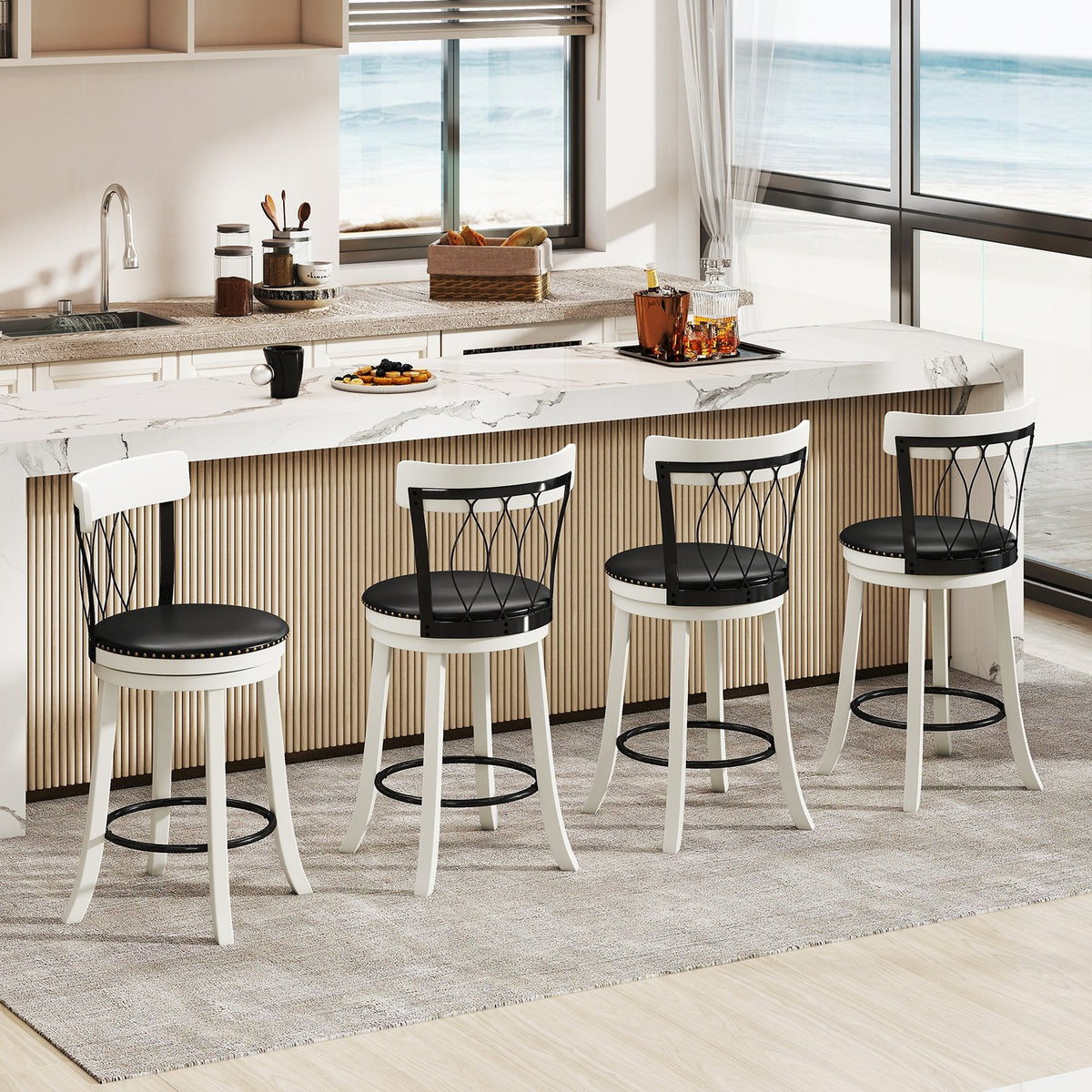 Set of 2 Bar Stools Swivel Bar Chairs with Footrest Rubber Wood Frame and Tufted Rivets-26 inches view 5