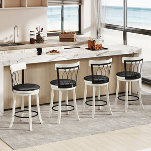 Set of 2 Bar Stools Swivel Bar Chairs with Footrest Rubber Wood Frame and Tufted Rivets-26 inches view 5