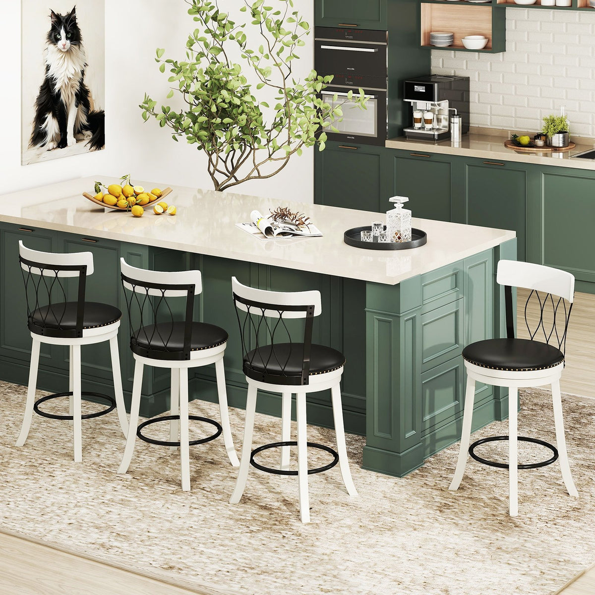 Set of 2 Bar Stools Swivel Bar Chairs with Footrest Rubber Wood Frame and Tufted Rivets-26 inches view 6
