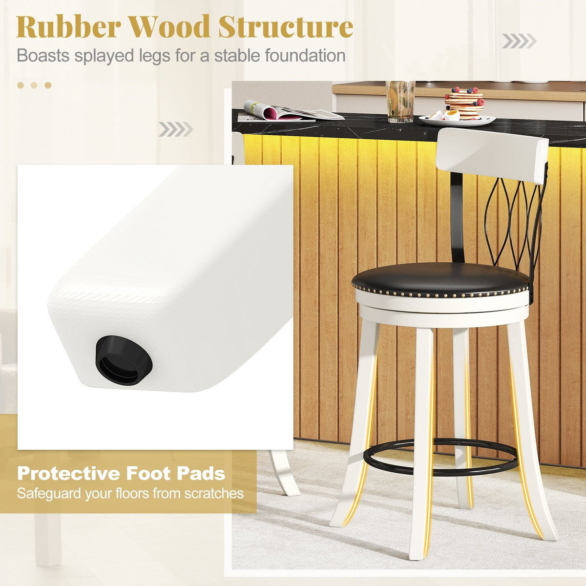 Set of 2 Bar Stools Swivel Bar Chairs with Footrest Rubber Wood Frame and Tufted Rivets-26 inches view 8