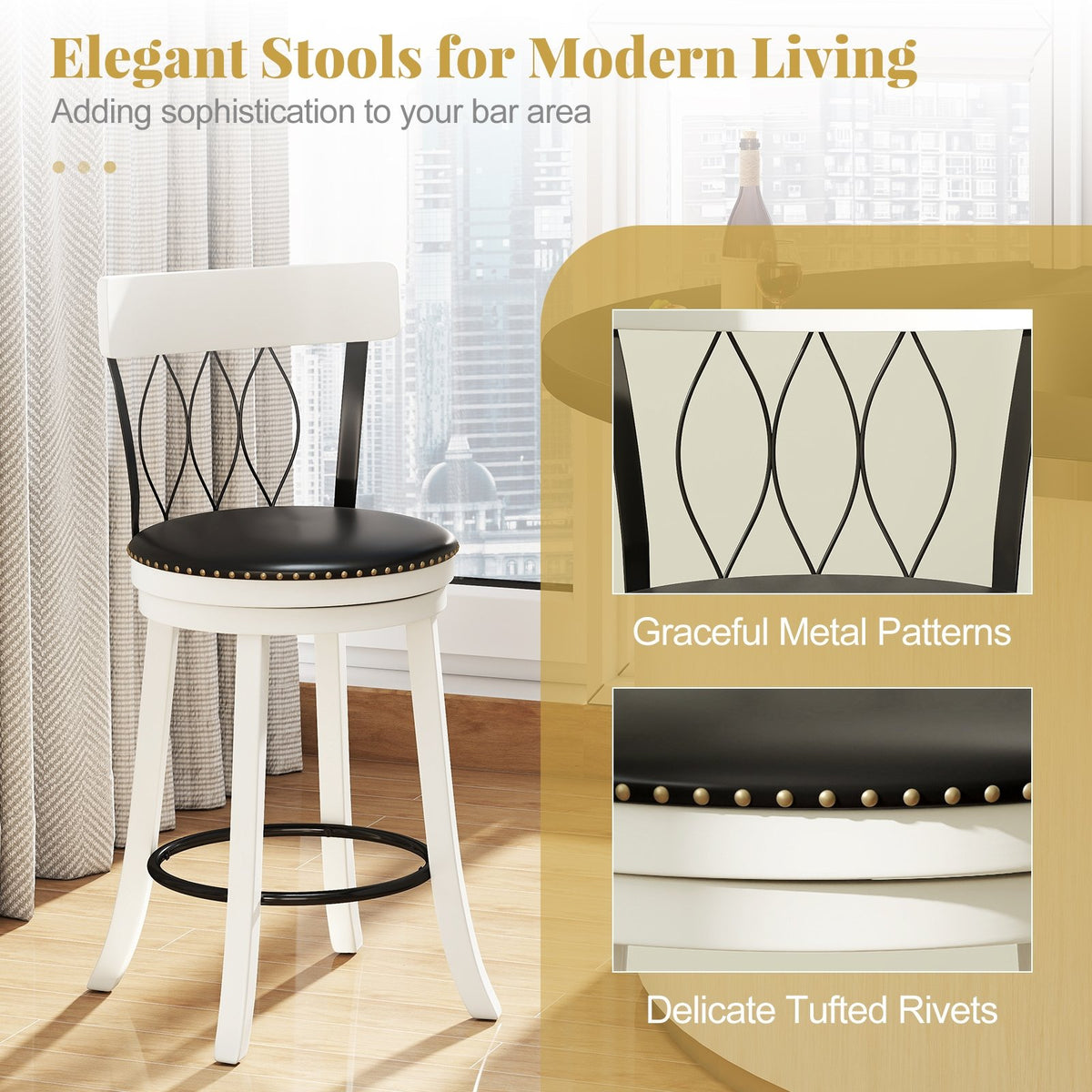 Set of 2 Bar Stools Swivel Bar Chairs with Footrest Rubber Wood Frame and Tufted Rivets-26 inches view 9