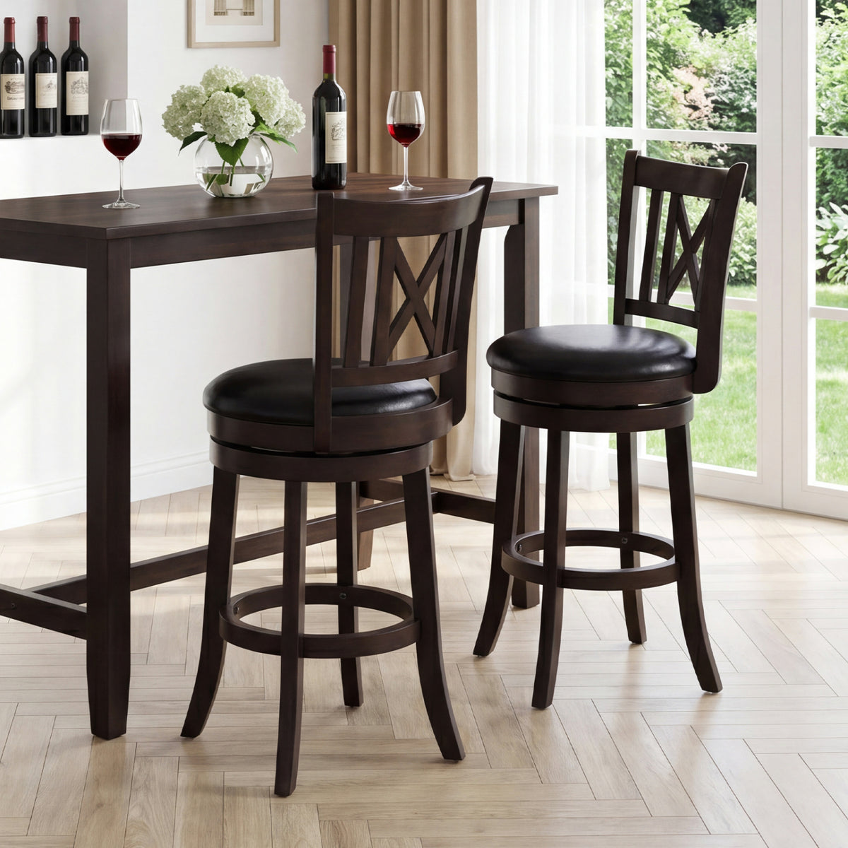 Set of 2 Bar Stools Swivel Bar Chairs with Hollowed Backrest and Footrest-26 inches view 2