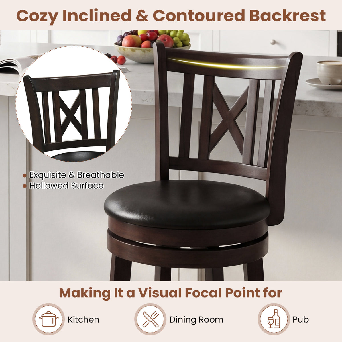 Set of 2 Bar Stools Swivel Bar Chairs with Hollowed Backrest and Footrest-26 inches view 6