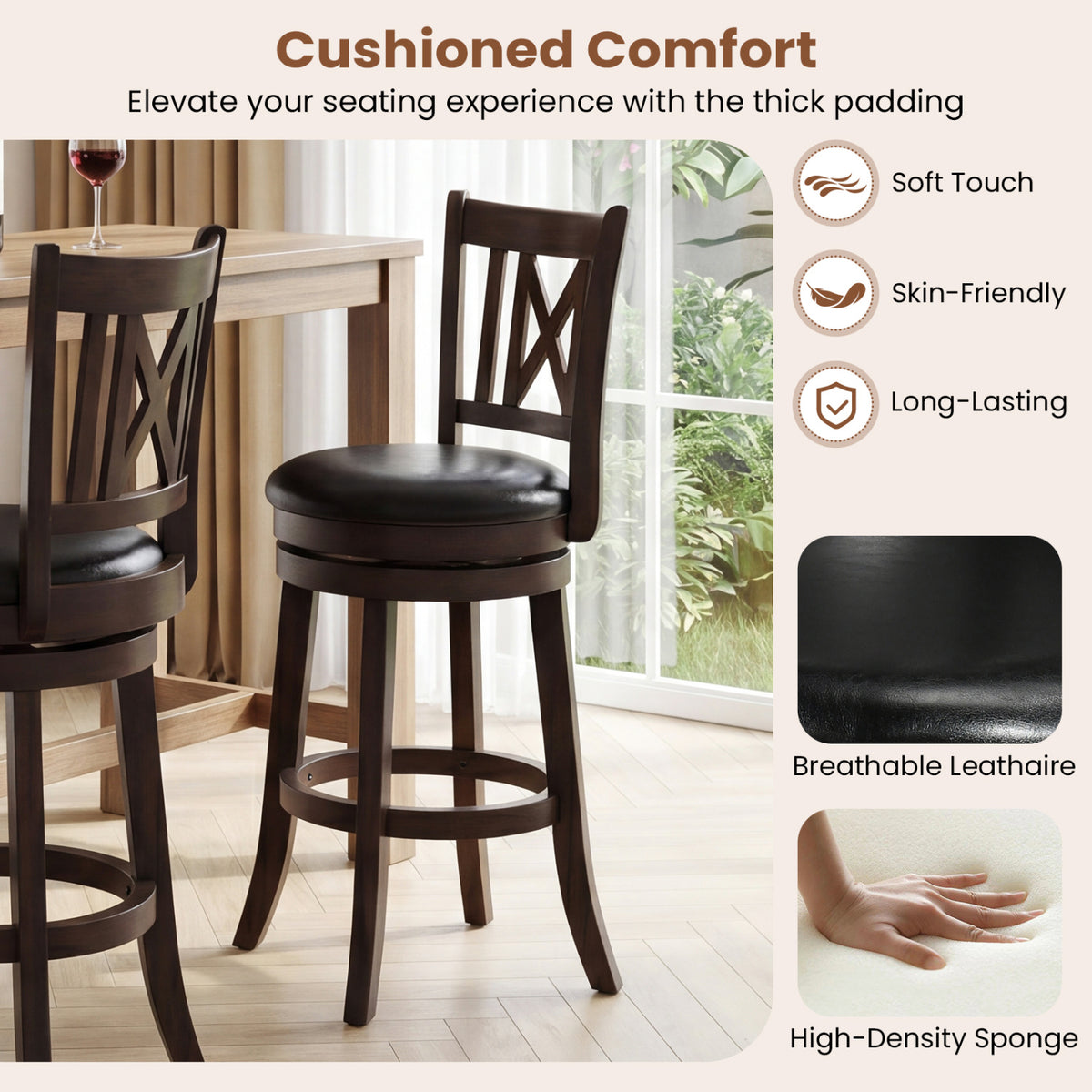 Set of 2 Bar Stools Swivel Bar Chairs with Hollowed Backrest and Footrest-26 inches view 7