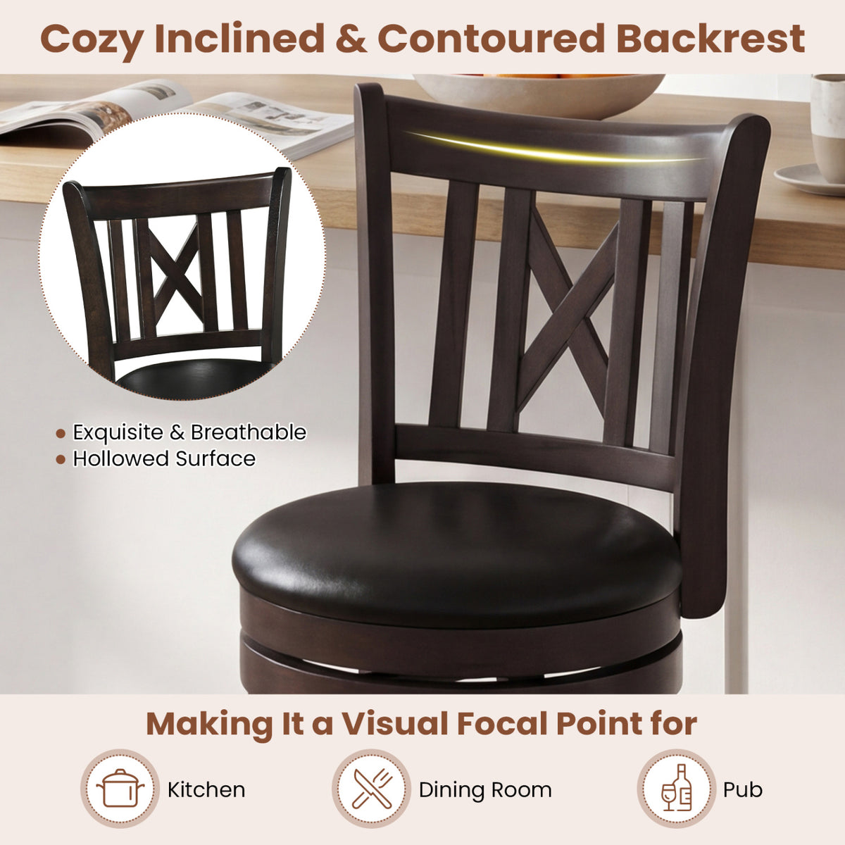 Set of 2 Bar Stools Swivel Bar Chairs with Hollowed Backrest and Footrest-30 inches view 5