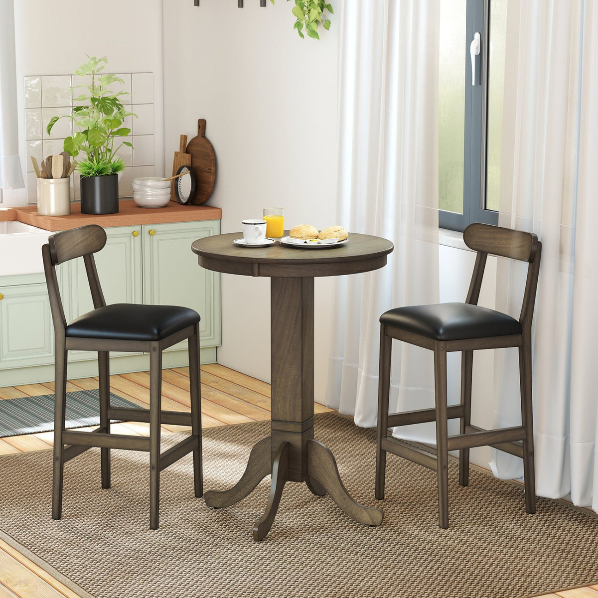 Set of 2 Bar Stools Upholstered with Rubber Wood Legs and Footrests-Oak view 2