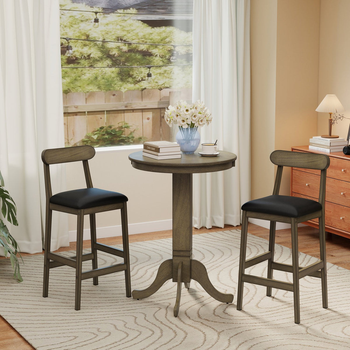 Set of 2 Bar Stools Upholstered with Rubber Wood Legs and Footrests-Oak view 3