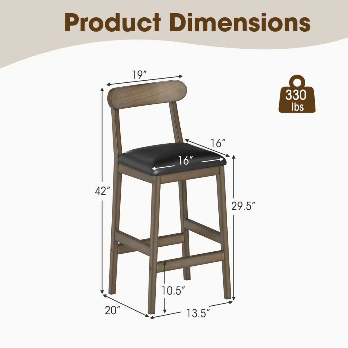 Set of 2 Bar Stools Upholstered with Rubber Wood Legs and Footrests-Oak view 4