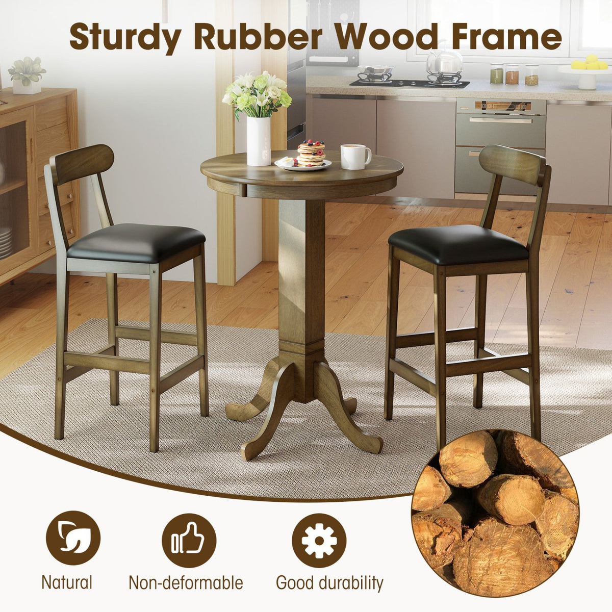 Set of 2 Bar Stools Upholstered with Rubber Wood Legs and Footrests-Oak view 6