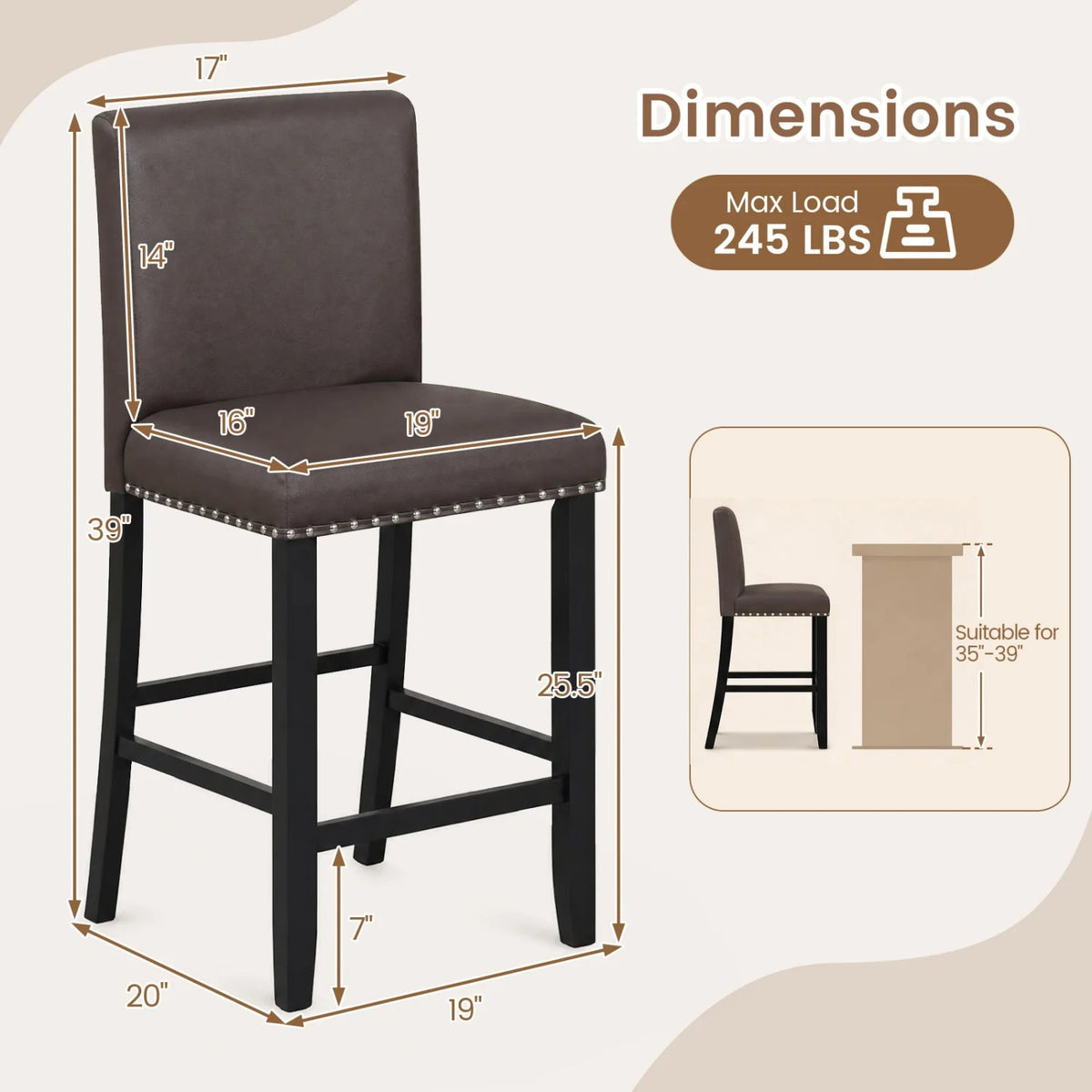 Set of 2 Bar Stools with Back for Kitchen Island-Brown view 4
