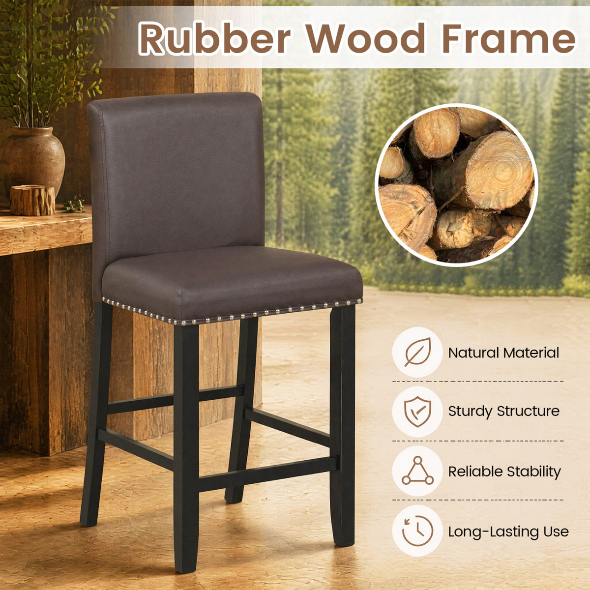 Set of 2 Bar Stools with Back for Kitchen Island-Brown view 6