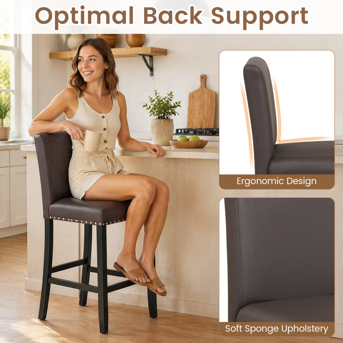Set of 2 Bar Stools with Back for Kitchen Island-Brown view 7
