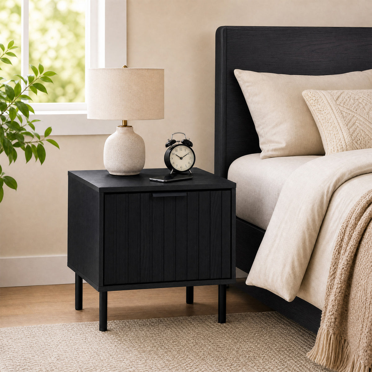 Set of 2 Black Modern Nightstand with Vertical-Striped Storage Drawer-Black view 3