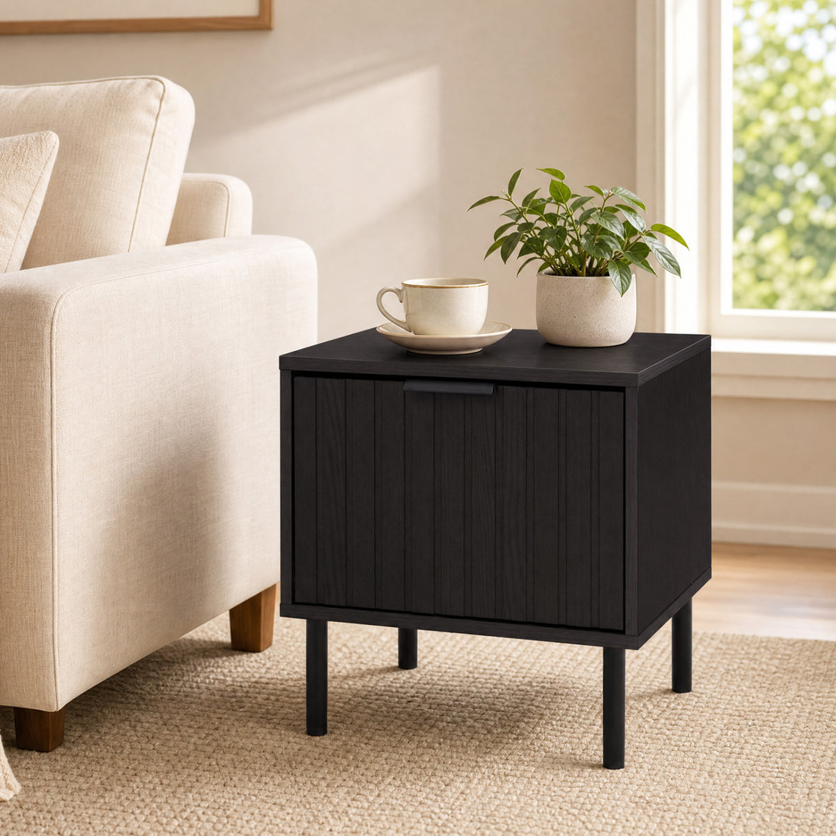 Set of 2 Black Modern Nightstand with Vertical-Striped Storage Drawer-Black view 5