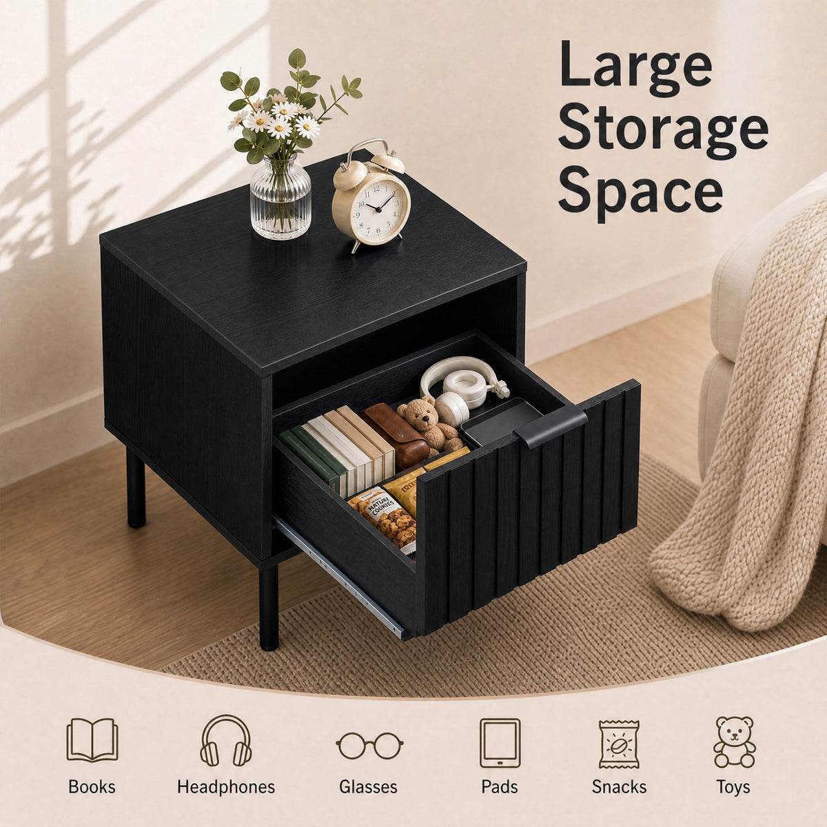 Set of 2 Black Modern Nightstand with Vertical-Striped Storage Drawer-Black view 7