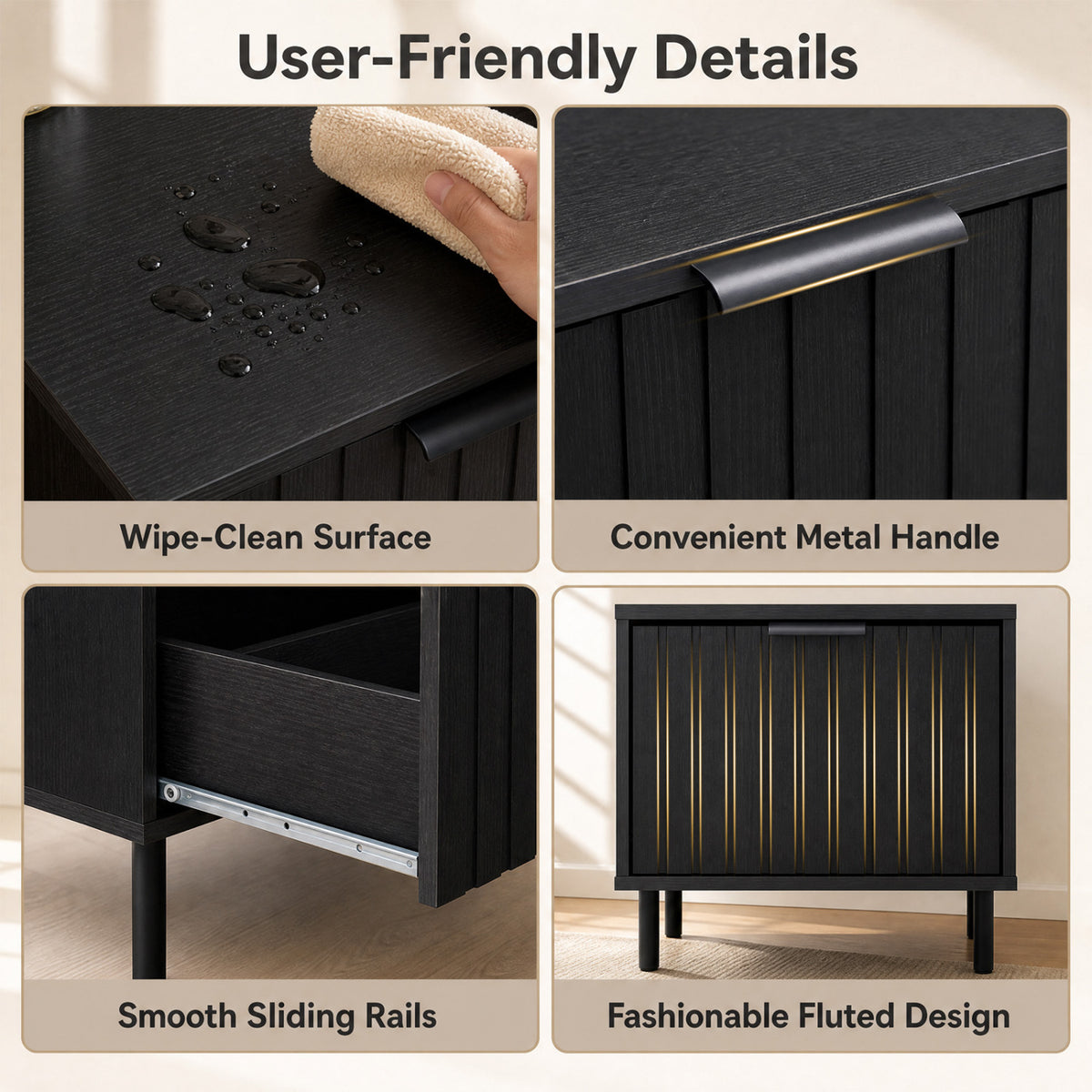 Set of 2 Black Modern Nightstand with Vertical-Striped Storage Drawer-Black view 9