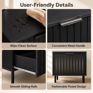 Set of 2 Black Modern Nightstand with Vertical-Striped Storage Drawer-Black view 9