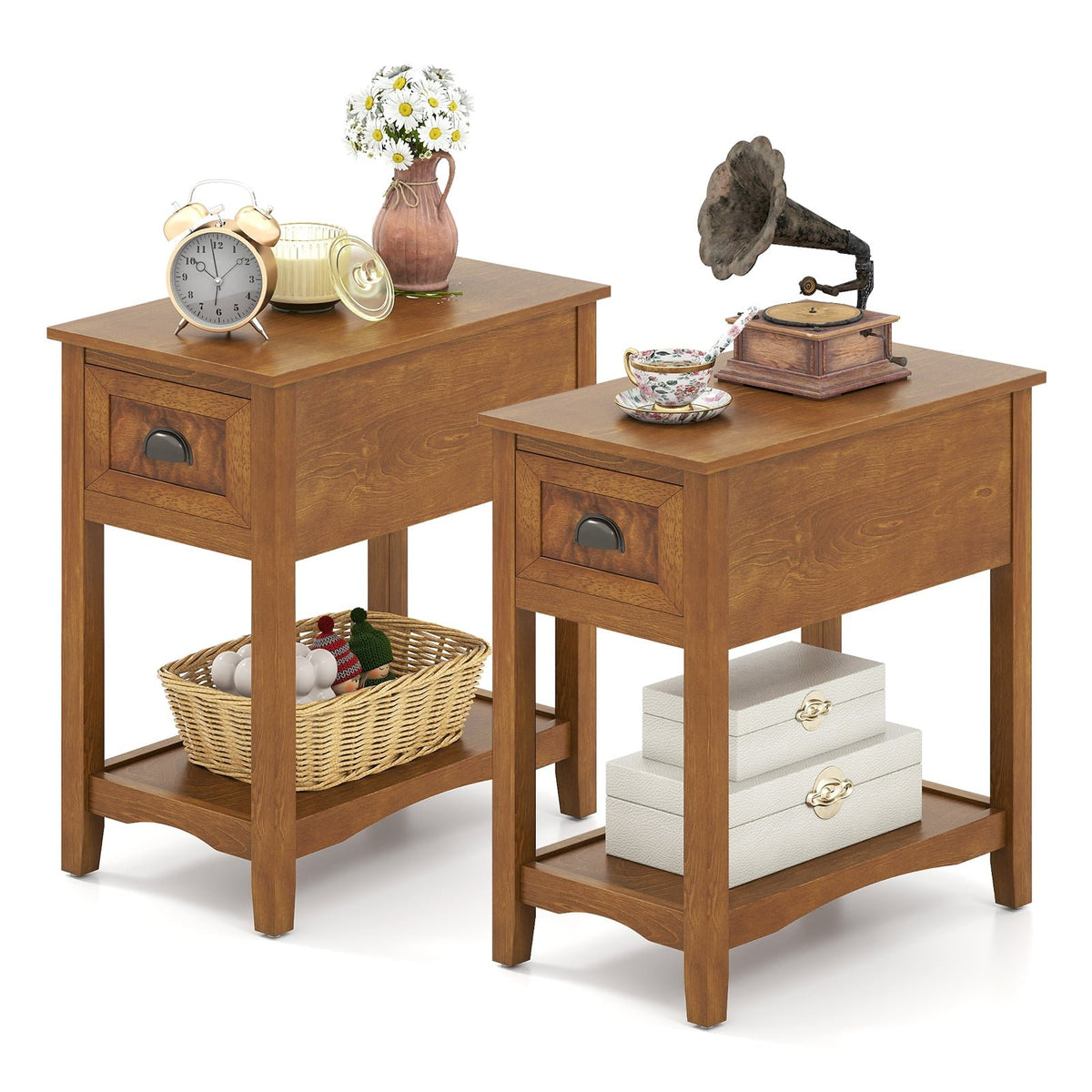 Set of 2 Contemporary Side End Table with Drawer-Natural