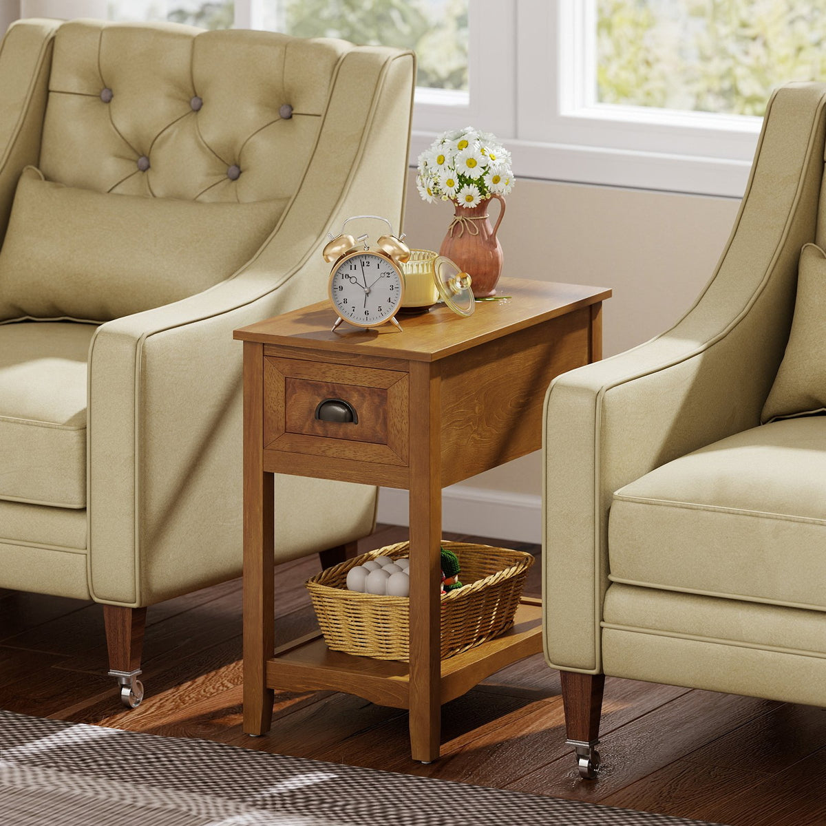 Set of 2 Contemporary Side End Table with Drawer-Natural view 7
