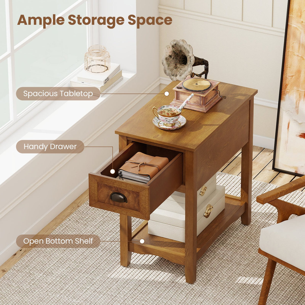 Set of 2 Contemporary Side End Table with Drawer-Natural view 8