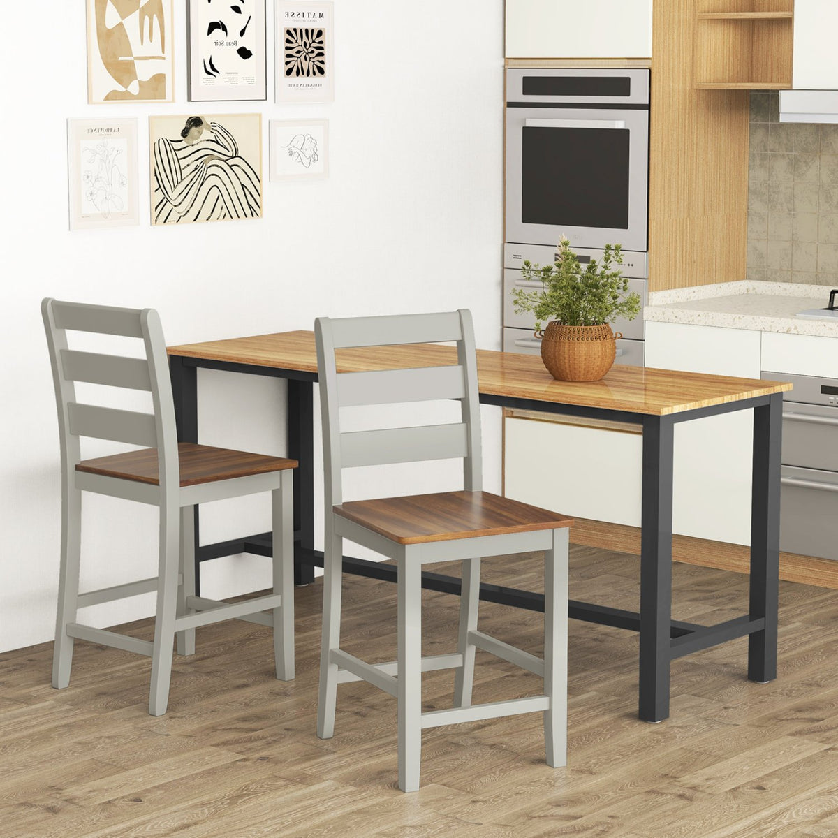 Set of 2 Counter Bar Stool with Inclined Backrest and Footrest-Gray view 2