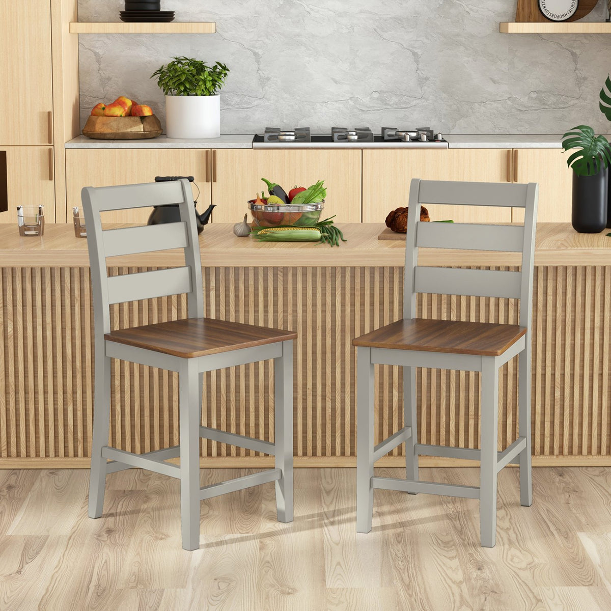 Set of 2 Counter Bar Stool with Inclined Backrest and Footrest-Gray view 3