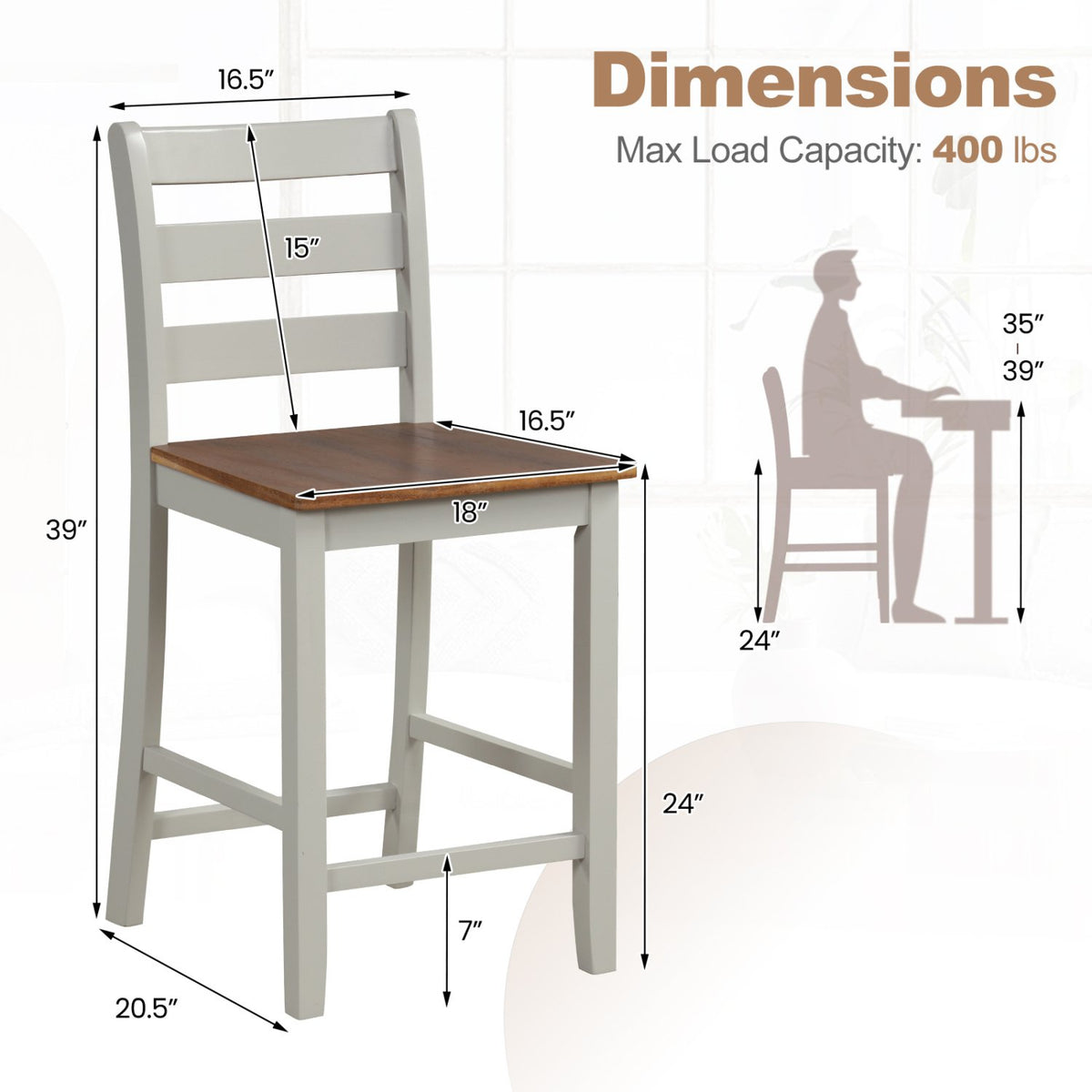Set of 2 Counter Bar Stool with Inclined Backrest and Footrest-Gray view 4