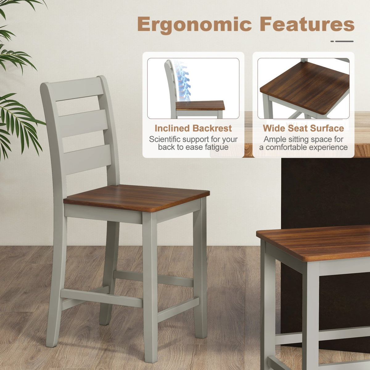 Set of 2 Counter Bar Stool with Inclined Backrest and Footrest-Gray view 5
