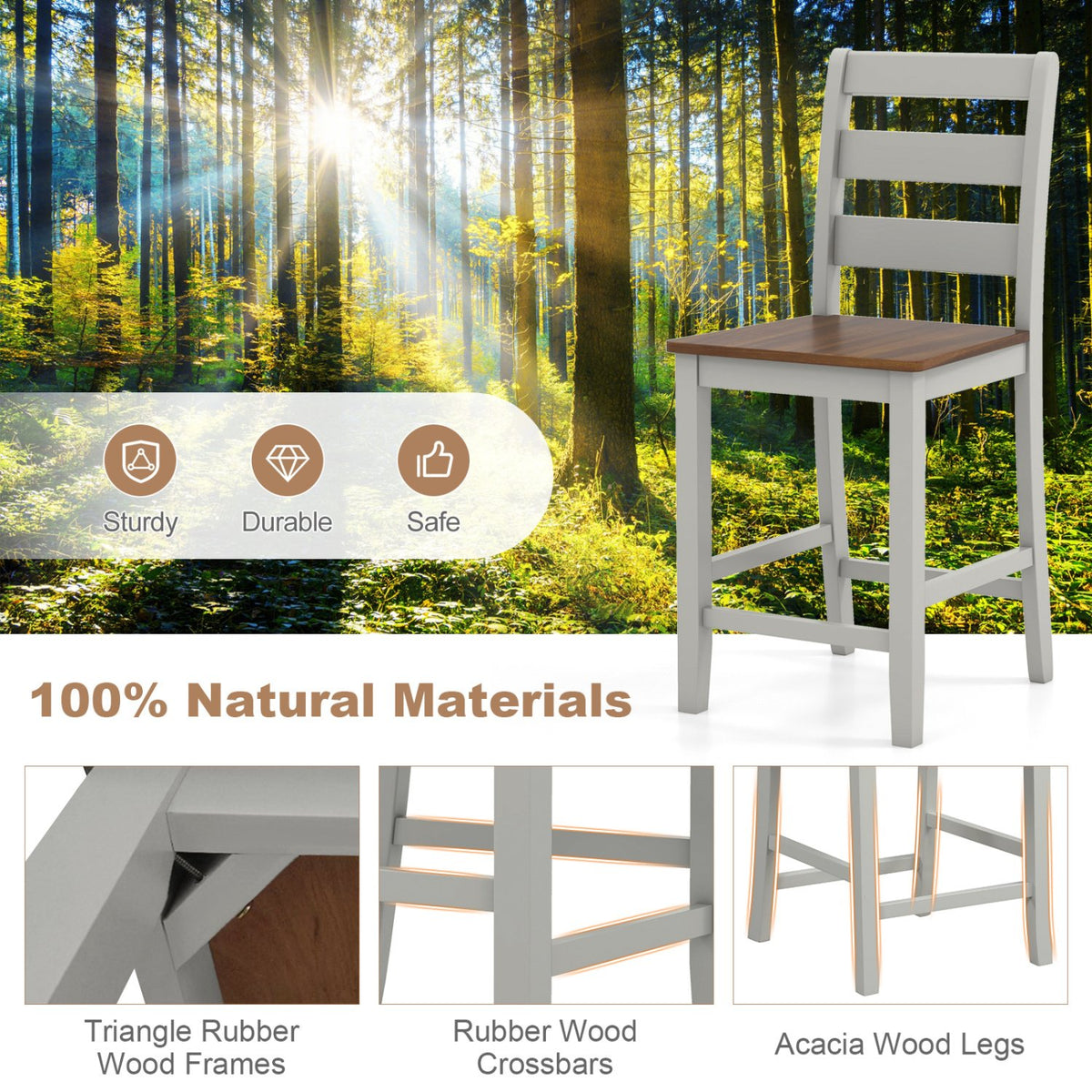 Set of 2 Counter Bar Stool with Inclined Backrest and Footrest-Gray view 6