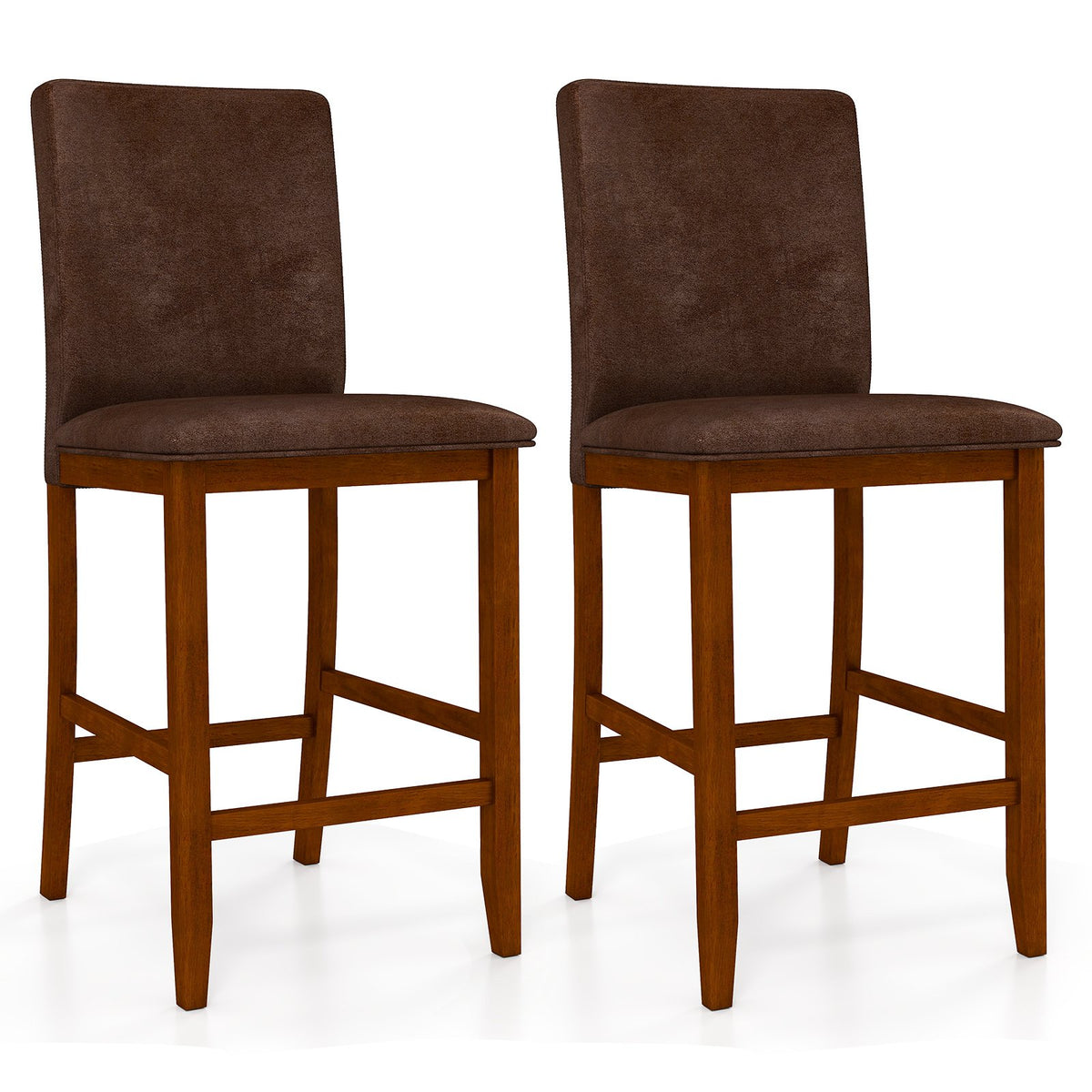 Set of 2 Counter Barstools with Rubberwood Legs and Upholstered Seat-Walnut