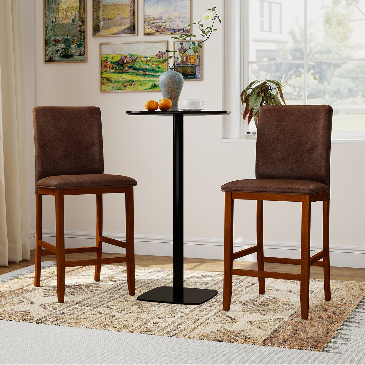 Set of 2 Counter Barstools with Rubberwood Legs and Upholstered Seat-Walnut view 3