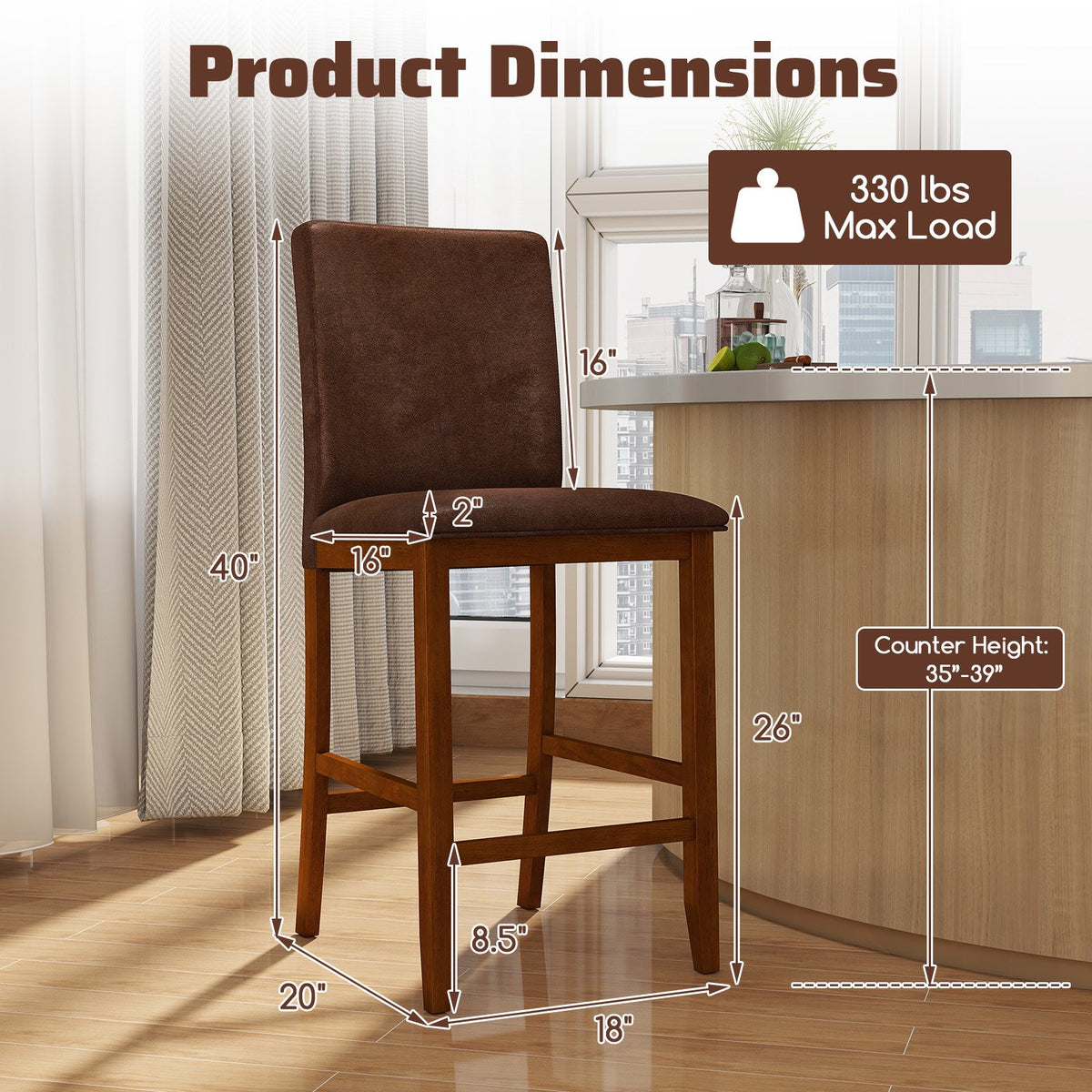 Set of 2 Counter Barstools with Rubberwood Legs and Upholstered Seat-Walnut view 4