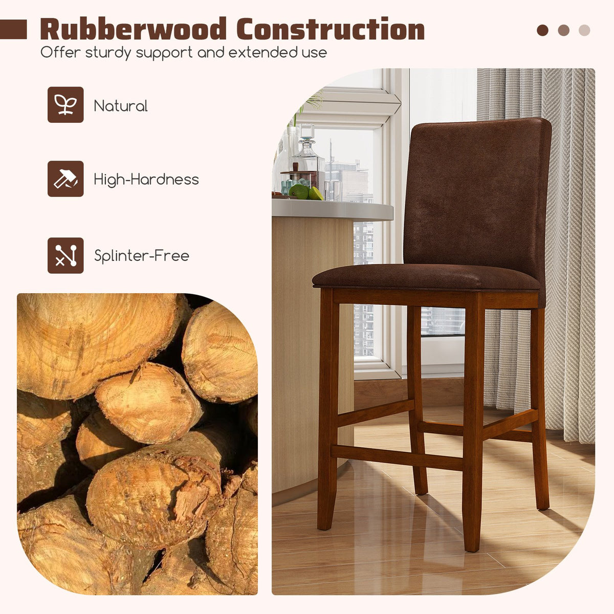 Set of 2 Counter Barstools with Rubberwood Legs and Upholstered Seat-Walnut view 6