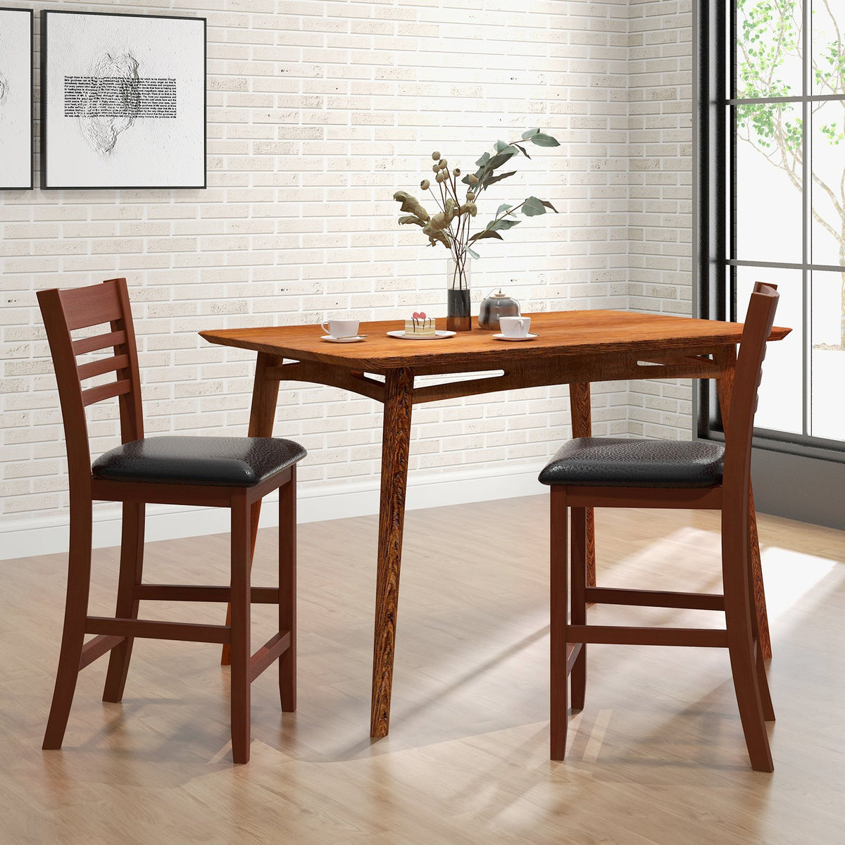 Set of 2 Counter Height Bar Chair Kitchen Island Stool with Backrest and Footrest-Walnut view 2