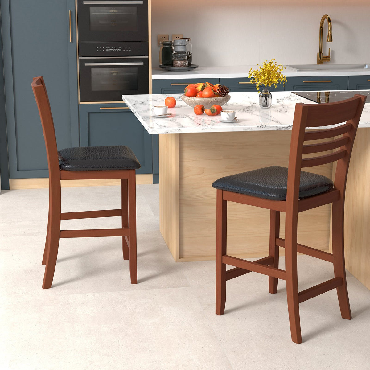 Set of 2 Counter Height Bar Chair Kitchen Island Stool with Backrest and Footrest-Walnut view 3