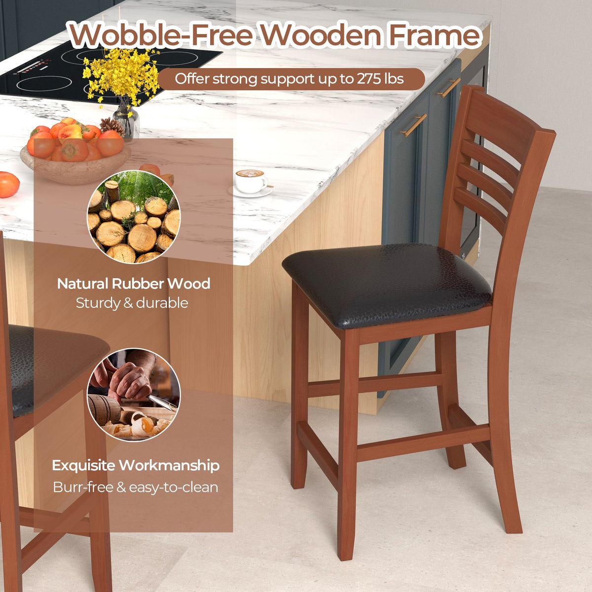 Set of 2 Counter Height Bar Chair Kitchen Island Stool with Backrest and Footrest-Walnut view 8