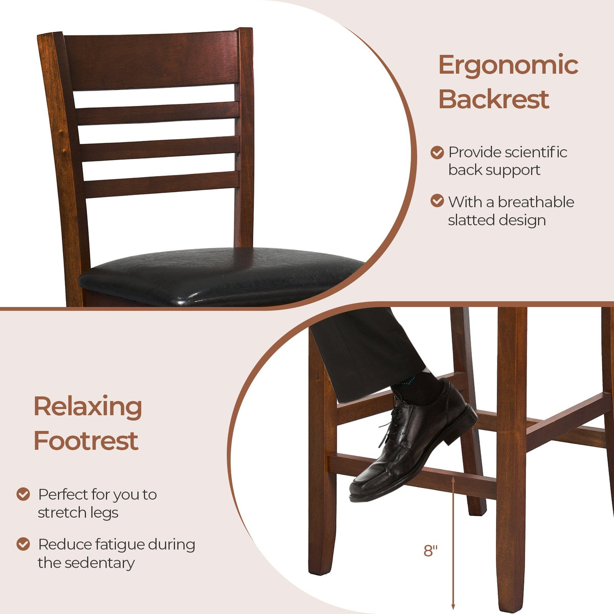 Set of 2 Counter Height Bar Chair Kitchen Island Stool with Backrest and Footrest-Walnut view 9