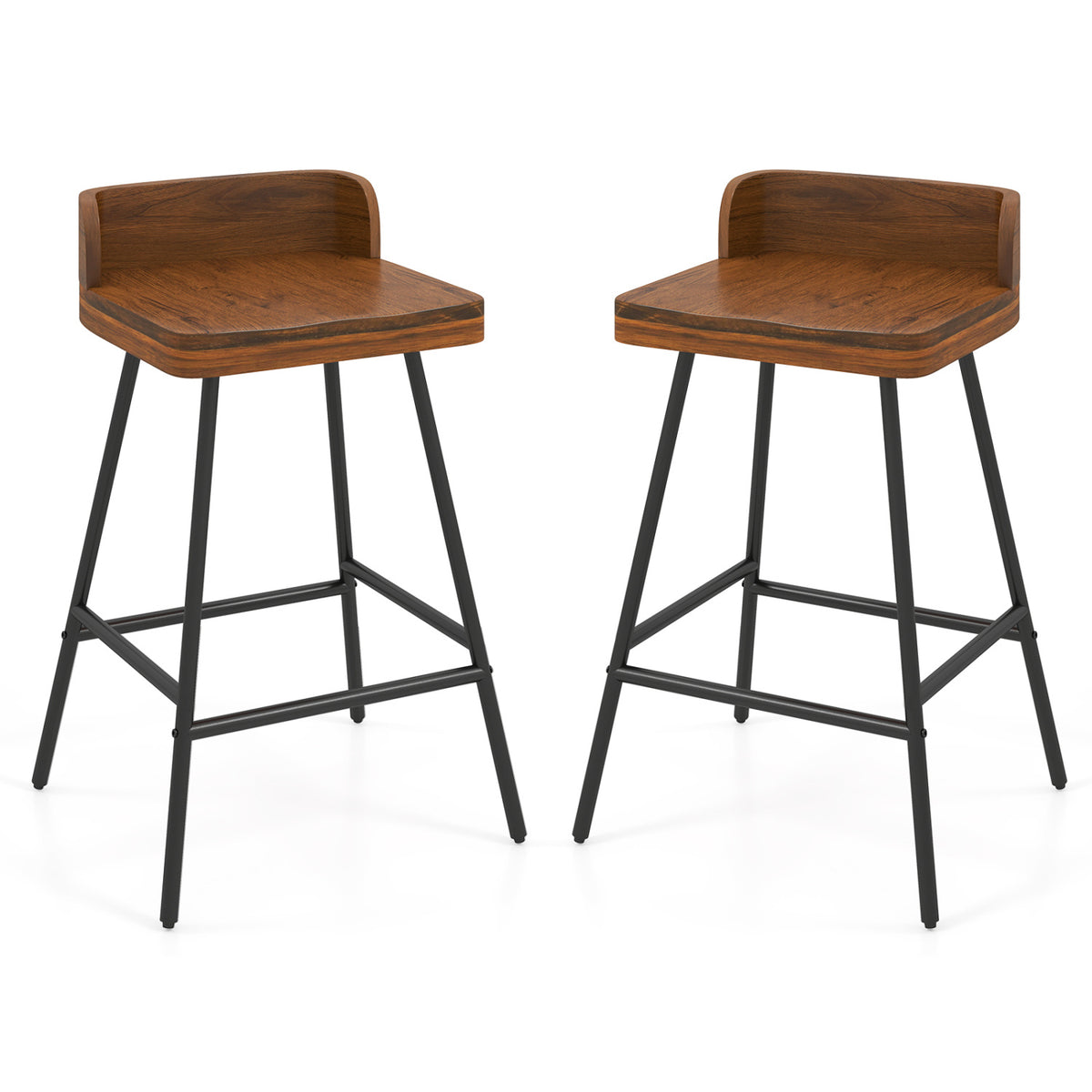 Set of 2 Counter Height Bar Stool with Low Back Metal Legs and Footrest for Kitchen Island-Brown
