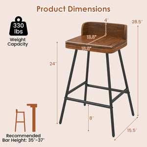 Set of 2 Counter Height Bar Stool with Low Back Metal Legs and Footrest for Kitchen Island-Brown view 4