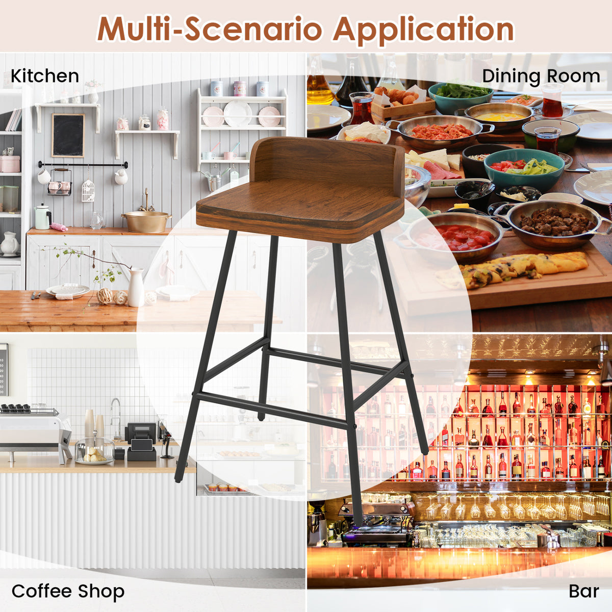 Set of 2 Counter Height Bar Stool with Low Back Metal Legs and Footrest for Kitchen Island-Brown view 8