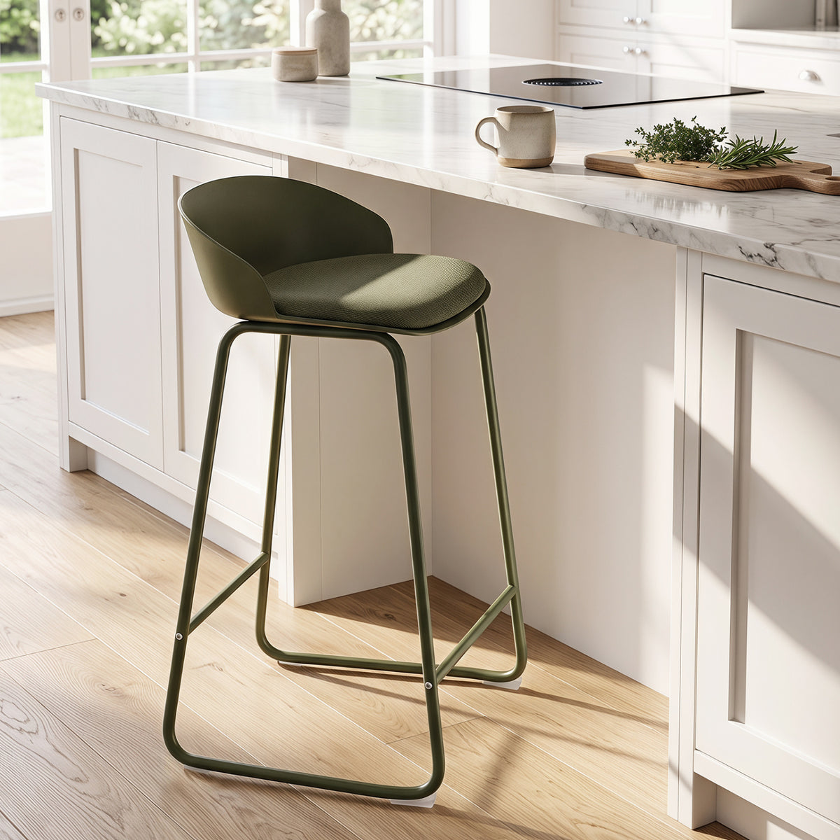 Set of 2 Counter Height Bar Stools with Curved Backrest and Metal Frame for Kitchen Dining-Green view 2