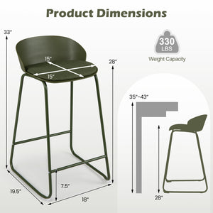 Set of 2 Counter Height Bar Stools with Curved Backrest and Metal Frame for Kitchen Dining-Green view 4