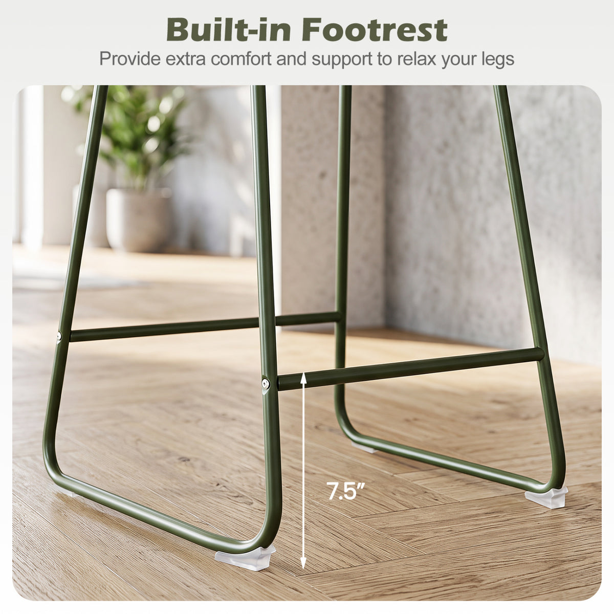 Set of 2 Counter Height Bar Stools with Curved Backrest and Metal Frame for Kitchen Dining-Green view 7