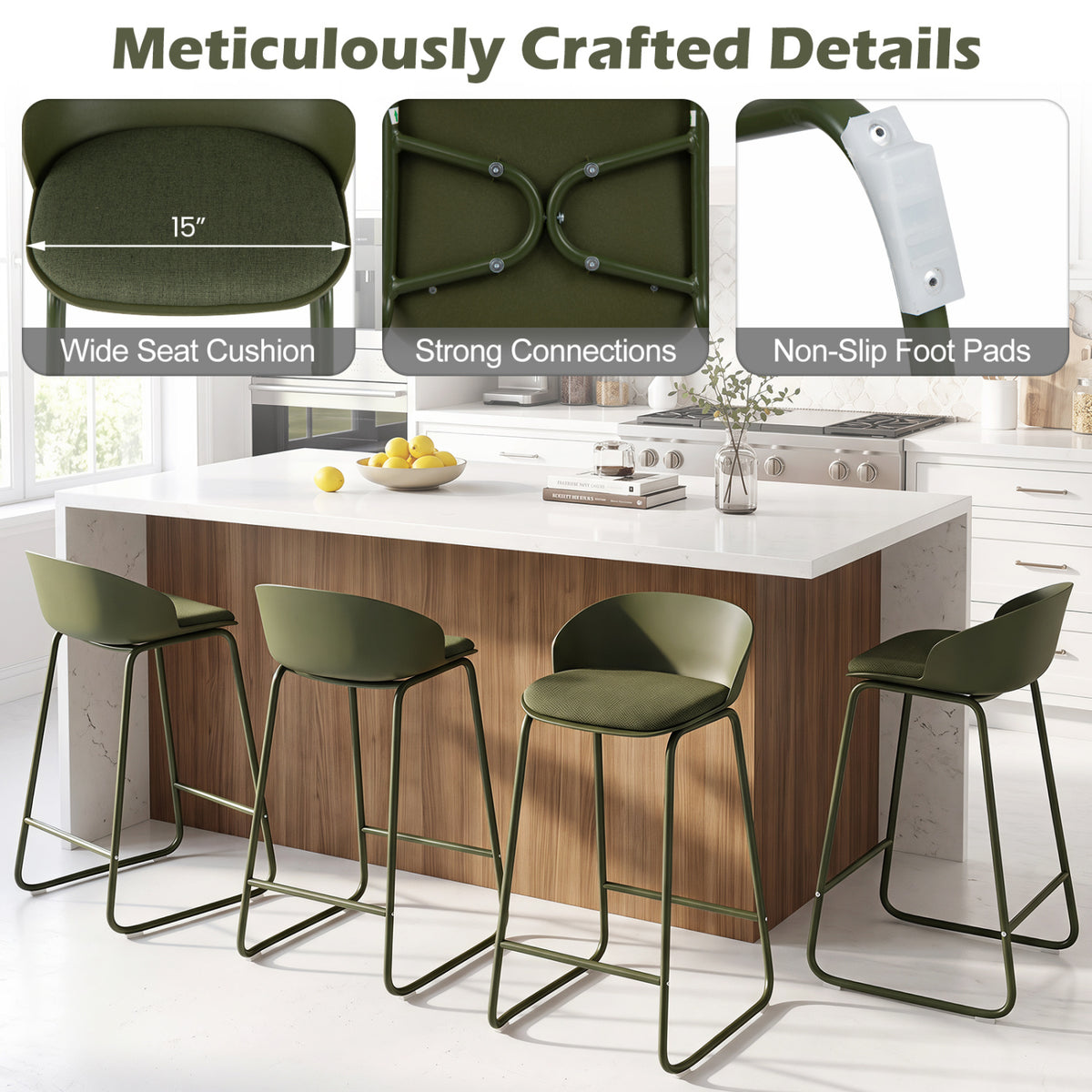 Set of 2 Counter Height Bar Stools with Curved Backrest and Metal Frame for Kitchen Dining-Green view 8