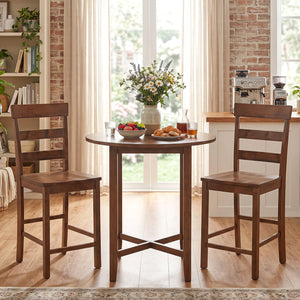 Set of 2 Counter Height Bar Stools with Rubber Wood Frame for Home Dining Room-Brown view 3