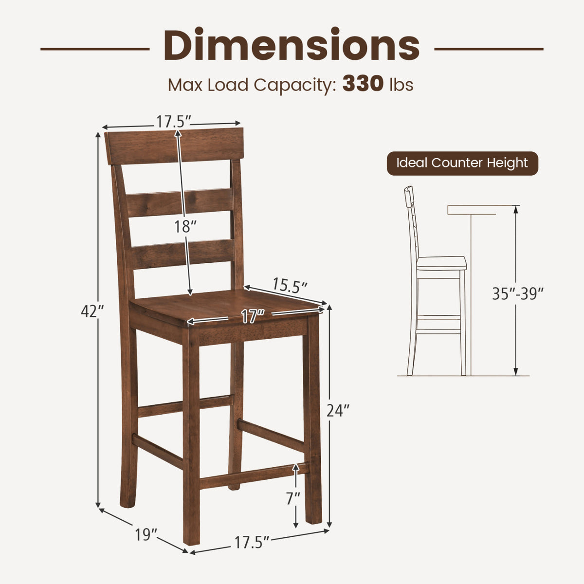Set of 2 Counter Height Bar Stools with Rubber Wood Frame for Home Dining Room-Brown view 4