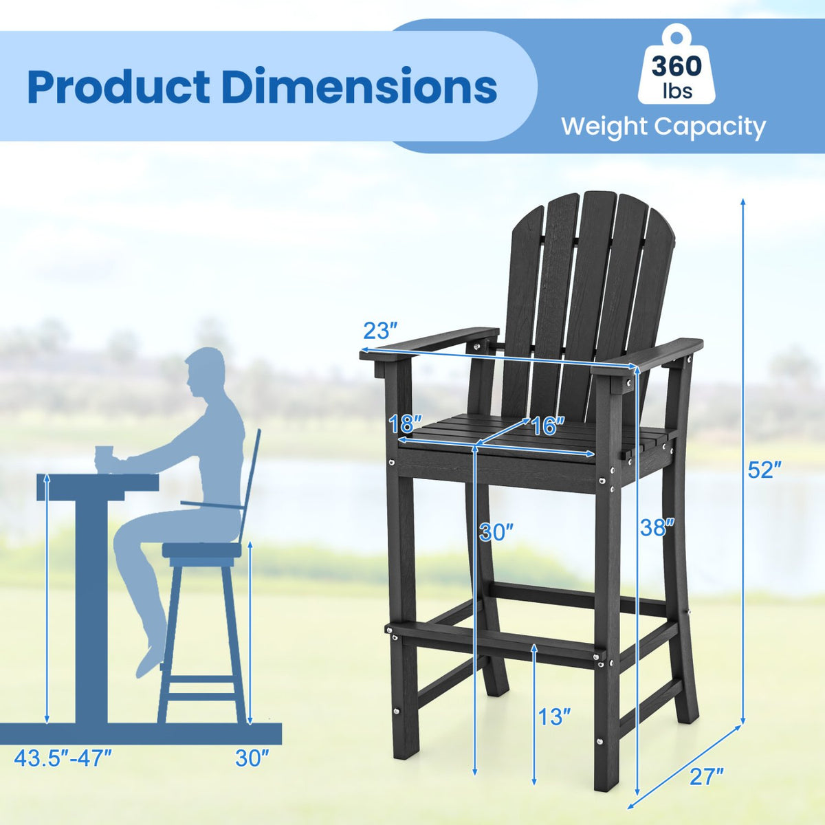 Set of 2 Counter Height Outdoor HDPE Bar Stool with Armrests and Footrest-Black view 4