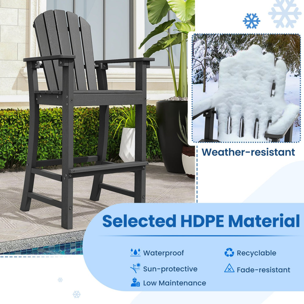Set of 2 Counter Height Outdoor HDPE Bar Stool with Armrests and Footrest-Black view 6